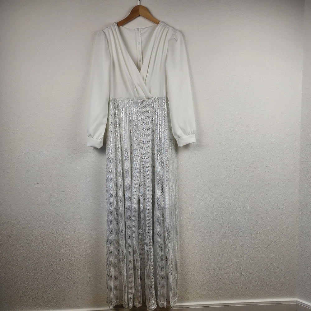 White Sequin Elegant Palazzo Jumpsuit L Long Sleeve Deep V Surplice Top Party